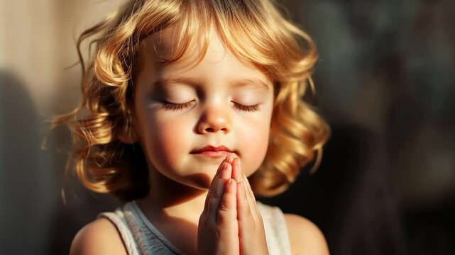 A young child with curly hair peacefully praying outside during golden hour, surrounded by soft natural light