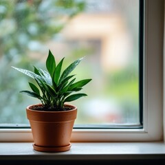 Obraz premium Nurturing Growth A Single Houseplant in a Terracotta Pot by the Window Indoor Environment Lifestyle Perspective Home Decor Concept
