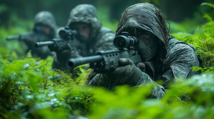 Camouflaged in the Jungle:  A close-up shot of soldiers concealed in dense foliage, their rifles trained on a target.  The suspenseful atmosphere evokes the intensity of military operations.