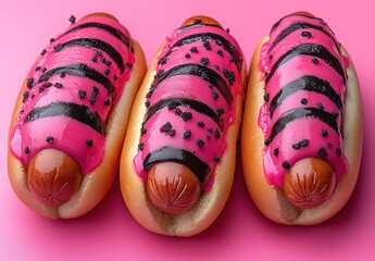 Three pink and black striped hot dogs on a pink background.