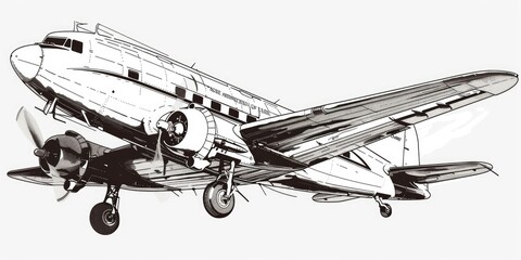 A sketch of a vintage airplane in flight, isolated on a white background