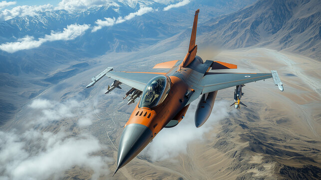 F-16 Fighter Jet Soaring Through the Clouds: A powerful F-16 fighter jet soars through the clouds, its orange and grey camouflage blending seamlessly with the rugged mountain landscape. - Powered by Adobe