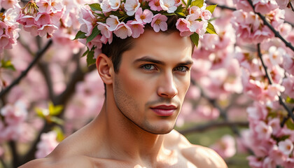Obraz premium man in cherry blossom field