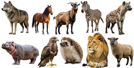 Naklejka premium This image features a beautifully rendered assortment of wildlife, including species like elephants, foxes, reindeer, moose, wolves, and giraffes. Each animal is depicted with intricate details, vivid