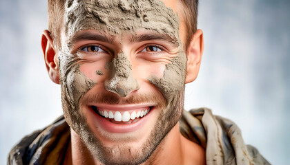 A man laughing with mud on his face