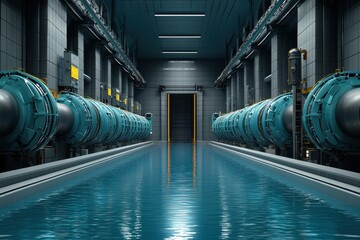 Innovative hydropower generation futuristic facility renewable energy systems controlled environment interior perspective transparent turbine design
