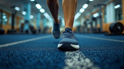 A focused runner pushes through a workout, with their foot landing firmly on the blue gym floor. Equipment is visible in the background, emphasizing the fitness environment.