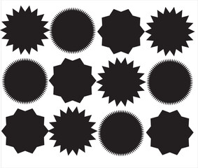 Circle sticker set. Wavy edge promo black badges. Star burst shape tags for price. Blank sale stickers. Simple silhouette. Flat vintage labels. Graphic illustration.