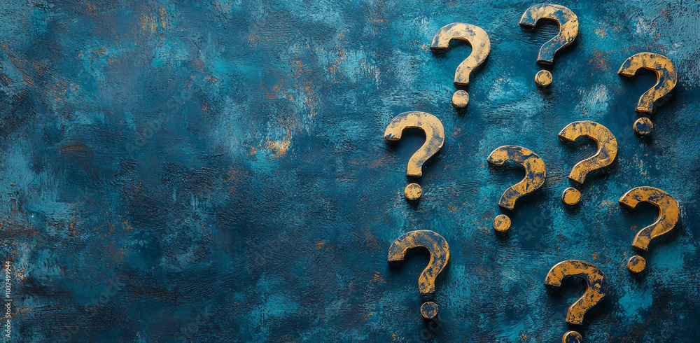 Aufkleber golden question marks are scattered on a blue textured surface