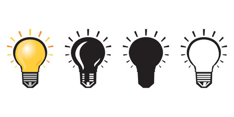 Light Bulb Or Idea Icon Vector Collection. Lighting Electric Lamp, Led Lights. Line Art Lamp Sign Silhouette. Isolated On Transparent Background.