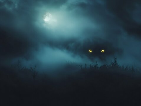 Mysterious Fog Rolls Over Dark Moonlit Field with Glowing Unseen Creatures  Eyes Peering From Shadows