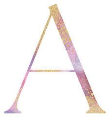 Light pink watercolor letter A with golden splashes, romantic wedding isolated monogram initials