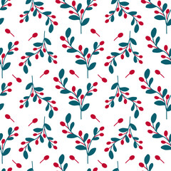 Red berreis and green leaves seamless pattern