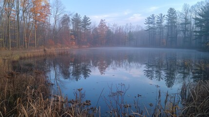 Misty morning scene with a still lake reflecting the autumn trees.