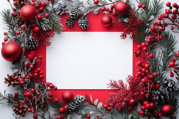 Top view of red empty sheet of paper and Christmas red decorations. Flat lay mockup for design and text. New year celebration concept. Copy space. 