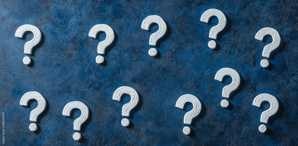 Poster White question marks are scattered across a blue surface, creating a visual representation of uncertainty and inquiry