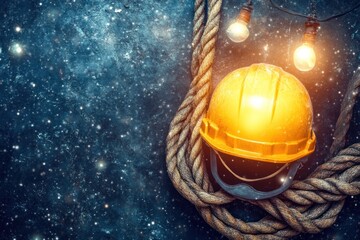 A yellow hard hat, safety glasses, and a rope lay against a dark, starry background with string lights.