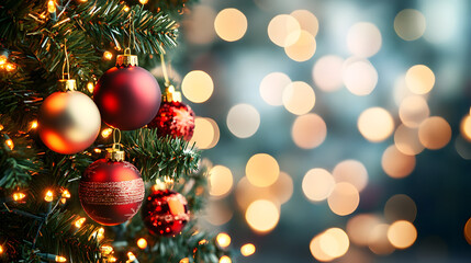 Christmas background with Christmas tree, belt and gifts