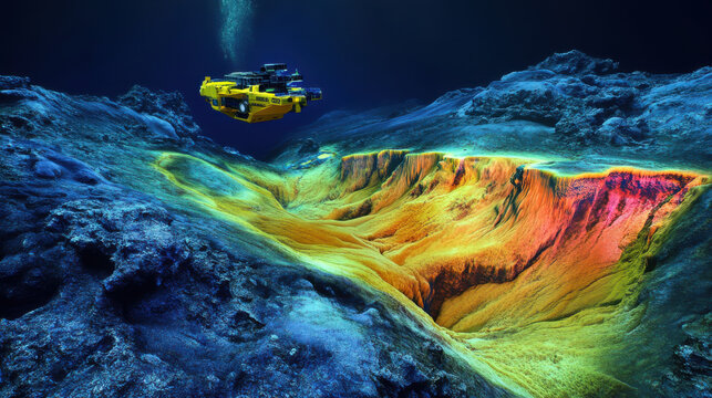 marine ROV exploring vibrant underwater canyon with colorful formations and textures, showcasing beauty of deep sea environments