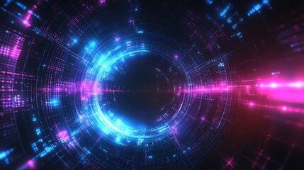 Abstract glowing tunnel with digital patterns and blue and pink lights.
