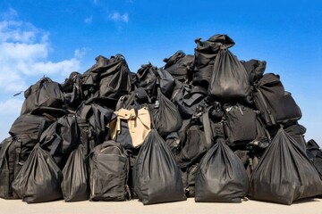 A large pile of black bags stacked against a blue sky, suggesting waste or storage.