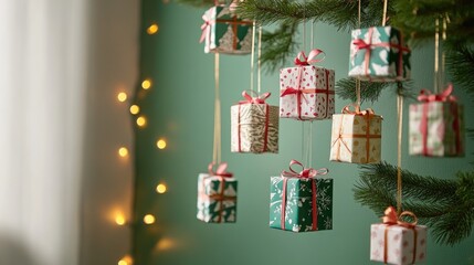 A whimsical Advent calendar with little gift boxes hanging on a wall, waiting to be opened as part of a Christmas countdown