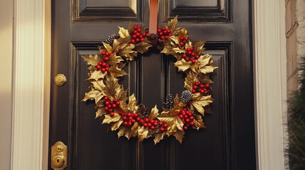 Fototapeta premium A wreath made of gold leaves and red berries hanging on a front door, welcoming guests with holiday cheer