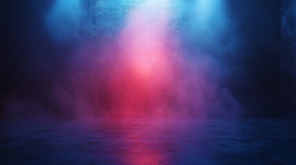 A dark, smoky room lit by red and blue spotlights.