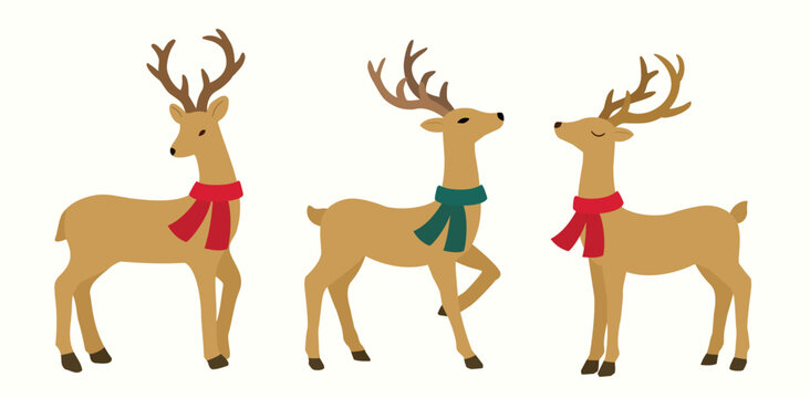 set of christmas deer flat vector stock illustration.
Elegant Christmas deer clipart.
Christmas deer wearing scarf design.
Good for card,poster, banner, leaflet . 