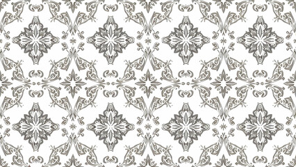 A seamless pattern of intricate grey floral motifs on a white background, creating a delicate and elegant design.