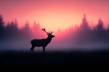 A majestic deer silhouette against a stunning sunset, surrounded by misty trees, capturing the essence of nature's beauty.