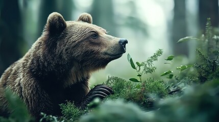 Obraz premium Close-up of a brown bear in a lush green forest, surrounded by foliage and greenery, with a detailed focus on its face and fur, showing a serene natural setting.