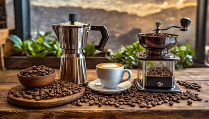 Barista-Style Coffee Setup Featuring a Premium Espresso Machine, Fresh Coffee Beans, and a Variety of Vegan and Gluten-Free Treats for an Artisan Cafe Vibe at Home