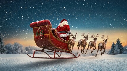 Santa Claus in his sleigh, flying through the night sky, with reindeer guiding his way across a snowy landscape