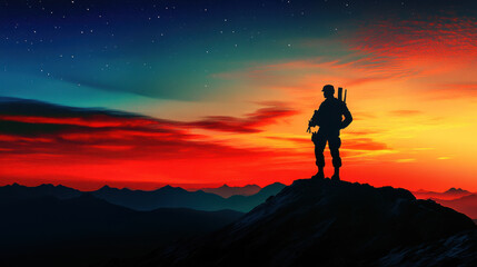Obraz premium soldier silhouetted against vibrant dawn sky, embodying strength and resilience. colorful horizon reflects hope and determination in serene landscape