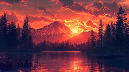 A vibrant sunset casts a fiery glow over a serene mountain lake, illuminating the silhouette of a forest and a snow-capped mountain peak.