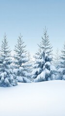 A serene winter landscape featuring snow-covered trees and a clear blue sky.