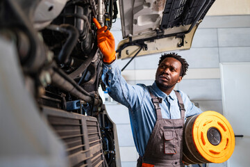 Truck service and maintenance. Experienced mechanic servicing truck vehicle and replacing engine air filter.