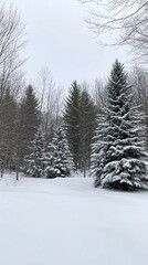 Naklejka premium A serene winter landscape with snow-covered trees and a tranquil atmosphere.