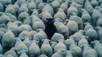 Fototapeta premium A single black sheep stands out amongst a sea of white sheep symbolizing individuality in nature