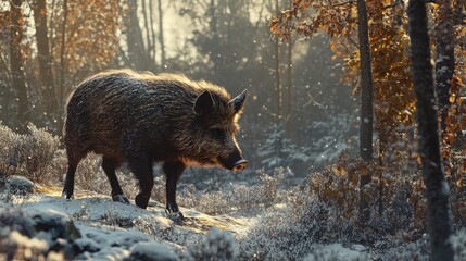 Wild Boar Walking Through a Snowy Forest