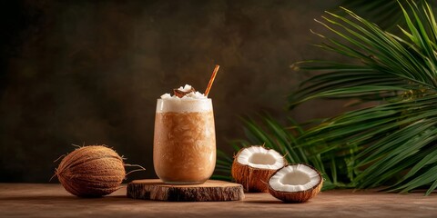 A refreshing coconut drink garnished with whipped cream, served in a glass, surrounded by fresh coconuts and green leaves.
