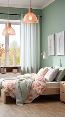 Scandinavian bedroom interior with bed in pastel beige and mint colors, 3d rendering  