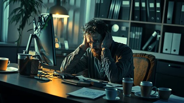 Tired and Stressed Worker, A video showing an office worker feeling exhausted and overwhelmed due to a growing workload.