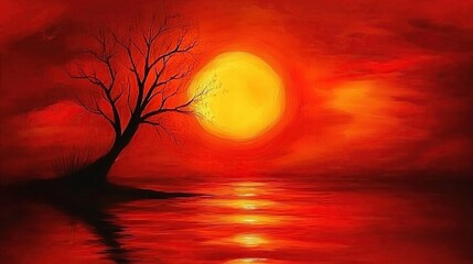 A single tree stands silhouetted against a fiery red sunset over a still lake.