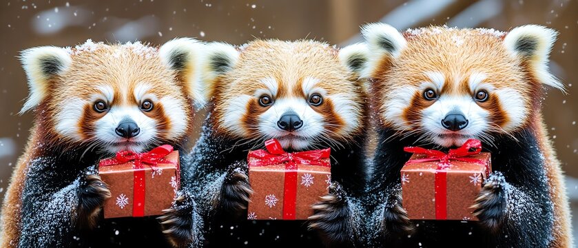 Three adorable red pandas joyfully holding Christmas gift boxes in a snowy setting.