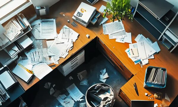 A cluttered office desk with scattered papers and a trash bin full of crumpled documents.
