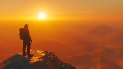 Obraz premium Silhouette of a hiker standing on a mountain peak at sunset.