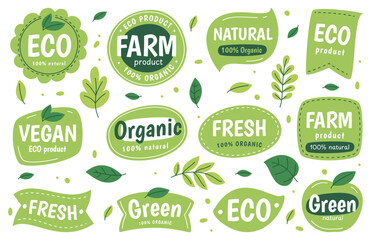 Sticker of green ecological products. Fresh natural products. Vegan dishes. Caring for nature. Vector illustration