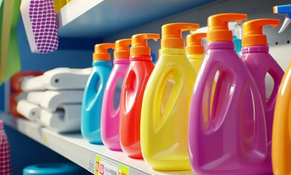 A colorful display of laundry detergent bottles on a shelf in a store.